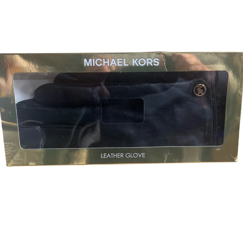 Michael Kors Leather Gloves Women XL Black New Touchscreen Gold MK Logo NWT